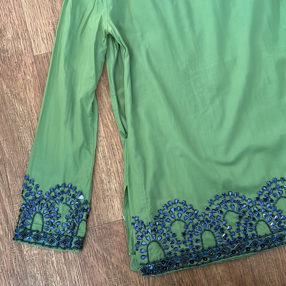 TORY BURCH TUNIC BEADED GEMS SEQUINED GREEN SAPPHIRE BLUE 2 LONG SLEEVE SHIRT SF - Picture 13 of 16